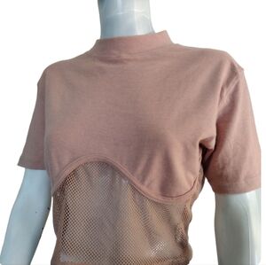 Public Desire Crop Top Women 14 Rose Pink Mesh Panel Junior Mock Neck Short Slvs